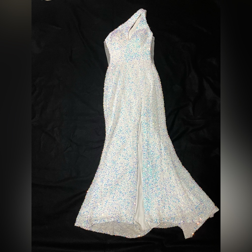 Ladivine One-Shoulder Long White Sequence Dress SIZE 4